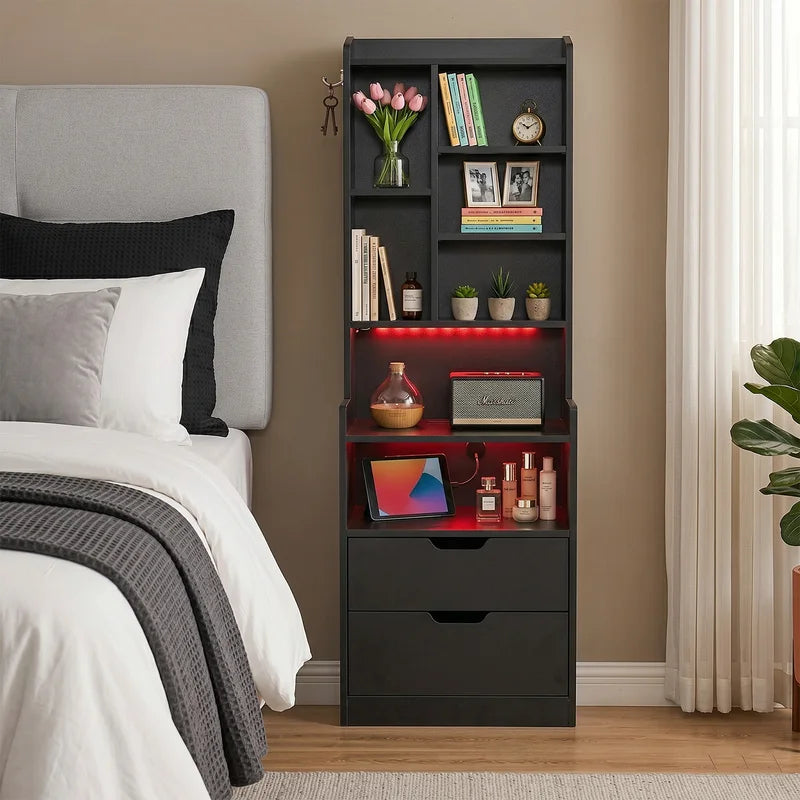 Tall Storage Locker Cabinet with Open Shelves, 2 Drawers & Hook Design