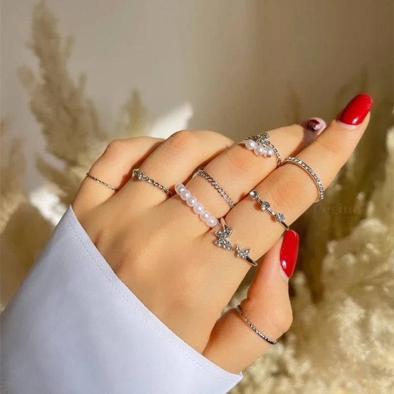 Bohemian Pearl Ring Set for Women - Vintage Gothic Rhinestone Jewelry Gift