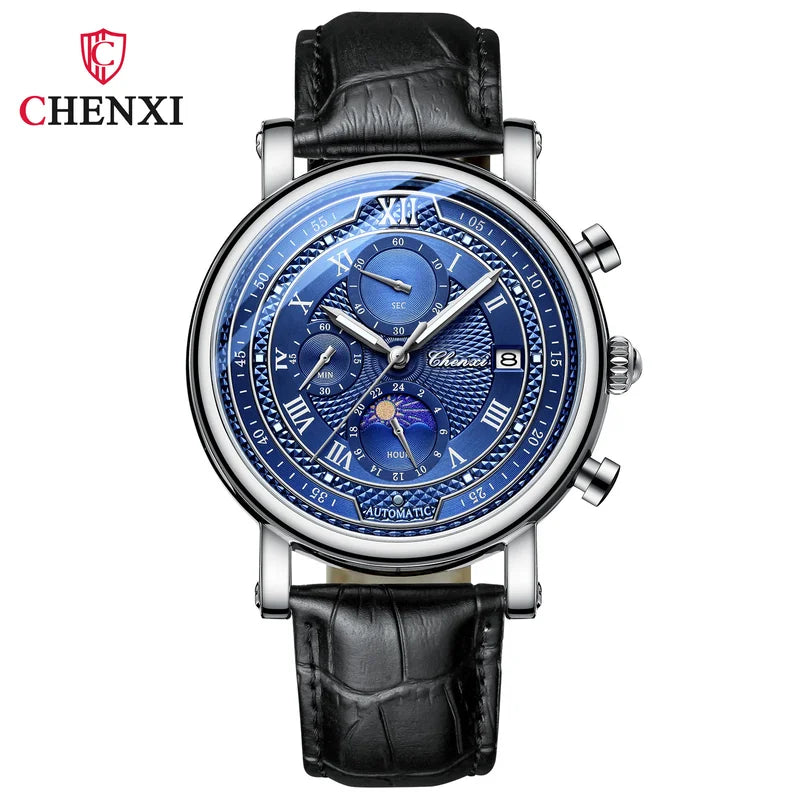 Men's Leather Chronograph Watch with Moon Phase and Luminous Quartz