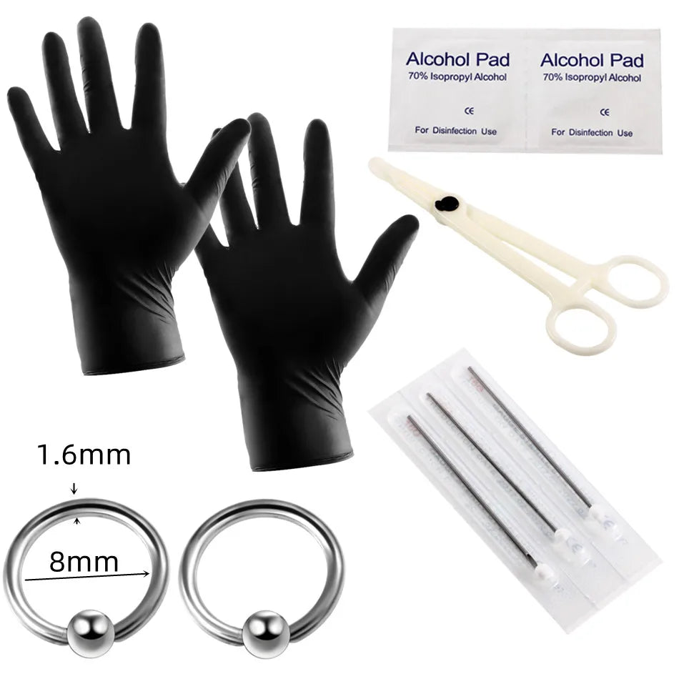 Professional Body Piercing Kit with Needles, Clamp & Gloves - Disposable