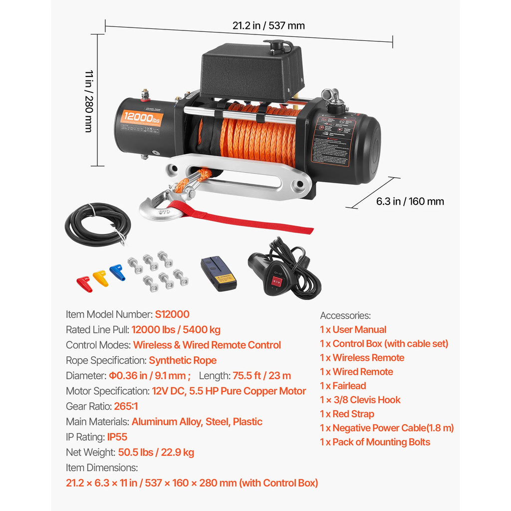 12,000 lbs Wireless Electric Winch for Off-Road Vehicles with Synthetic Rope
