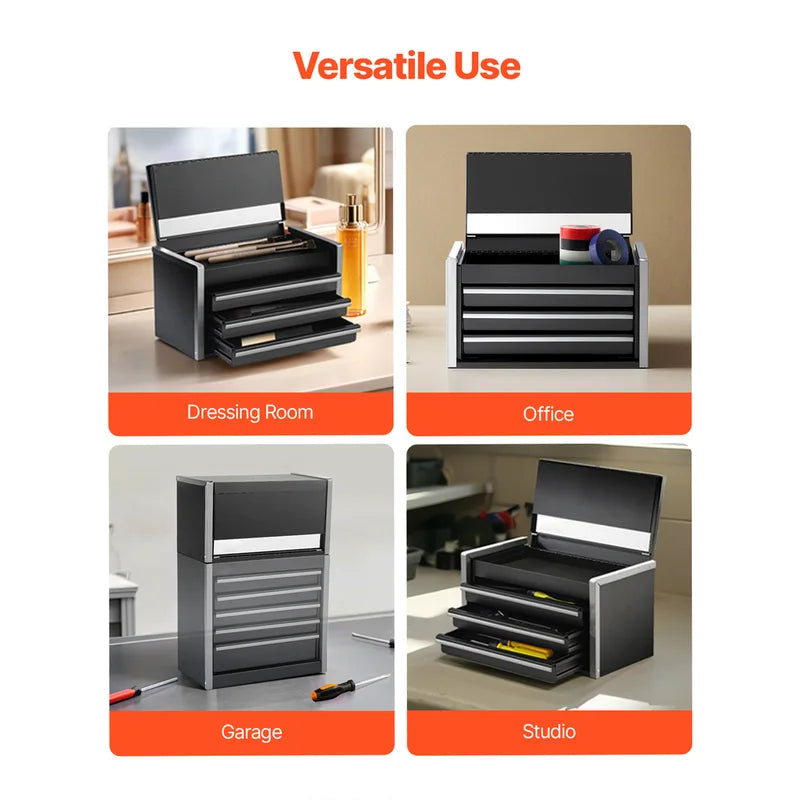 Mini Metal Tool Box with 3 Drawers and Top Compartment - Portable Storage Chest for Garage