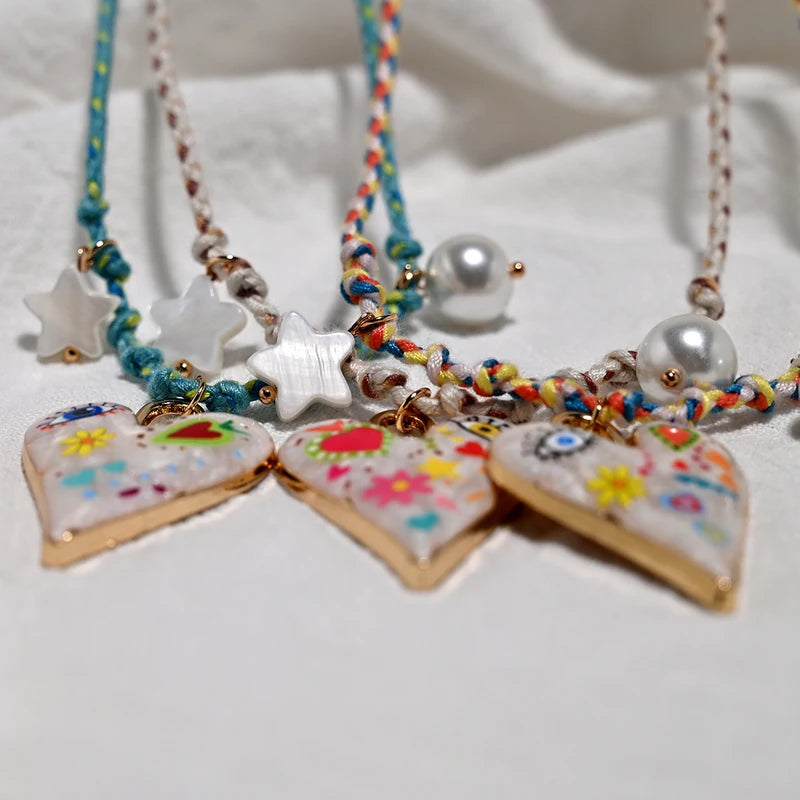 Handmade Knotted Rope Heart Pendant Necklace with Star Pearl for Women - Fashion Jewelry