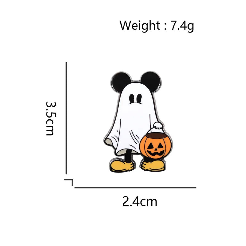 Halloween Ghost Mouse Brooch with Jack-o'-Lantern Cartoon Pin Cute Anime Badge Accessory