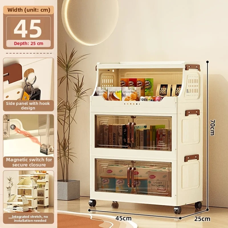 3/4-Tier Rolling Storage Cabinet with Transparent Doors & Flip Top - Kitchen Pantry Organizer