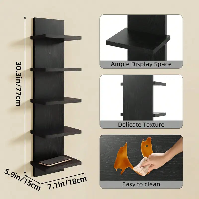 5-Tier Floating Wall Shelf - Space Saving Wall Mounted Organizer for Bedroom Living Room Office Black/Brown