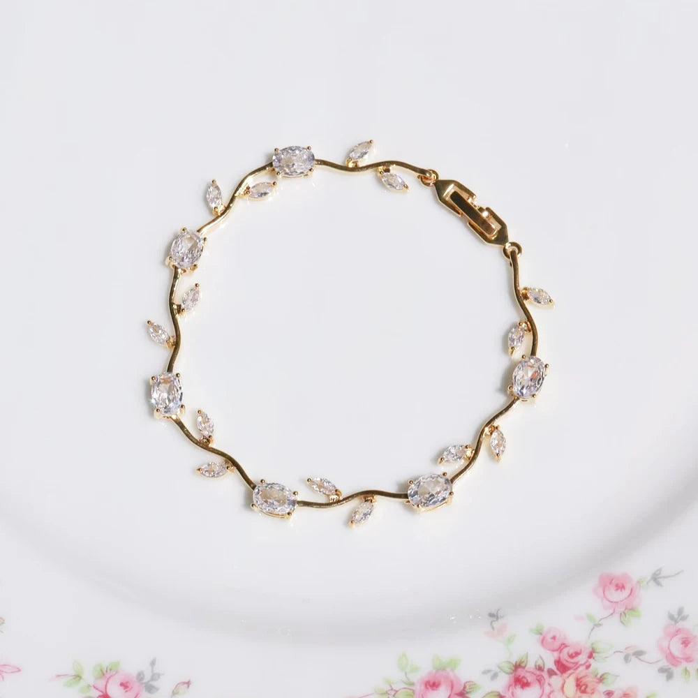 Pink Tulip Cubic Zirconia Wrist Chain with Vine Flower Design Jewelry for Women