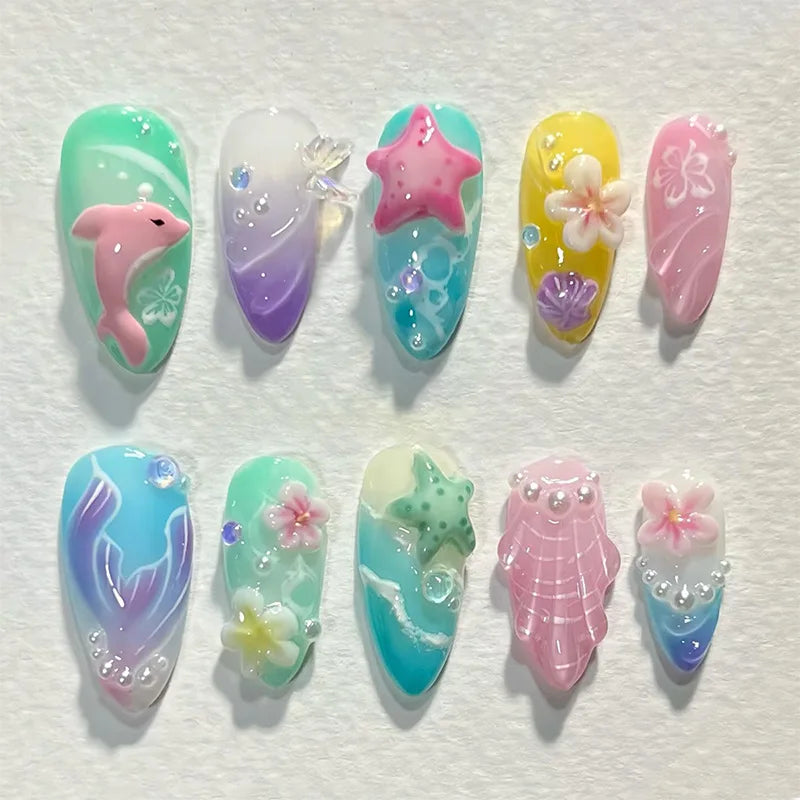 24Pcs 3D Ripple Design False Nails Cat's Eye French Almond Nail Tips - Removable Press On Nails