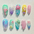 24Pcs 3D Ripple Design False Nails Cat's Eye French Almond Nail Tips - Removable Press On Nails