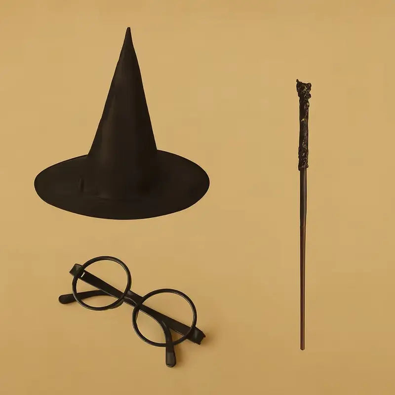 Halloween Wizard Costume Accessory Set with Witch Hat Glasses and Magic Wand - Cosplay Props