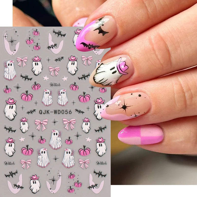 Halloween 3D Nail Art Stickers Ghost Pumpkin Spider Web Bat Manicure Decals