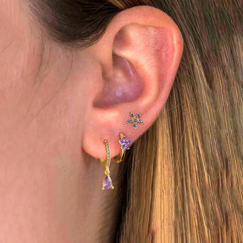 3PCS Stainless Steel Hoop Earrings Set for Women with Crystal Zircon Flowers Water Drop Design - Wedding Jewelry