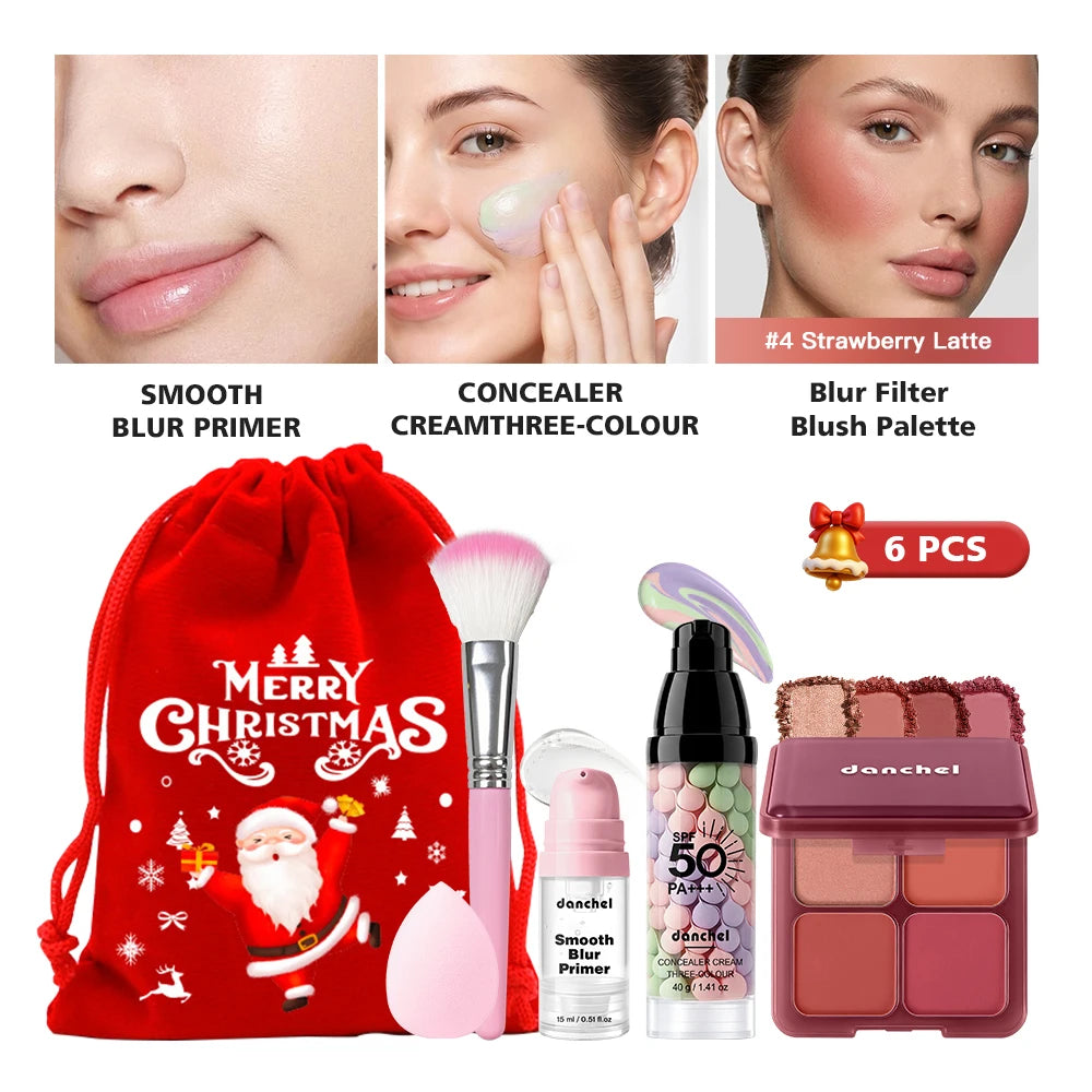 6-Piece Face Primer & Concealer Set with Blush Palette and Makeup Sponge - Christmas Gift