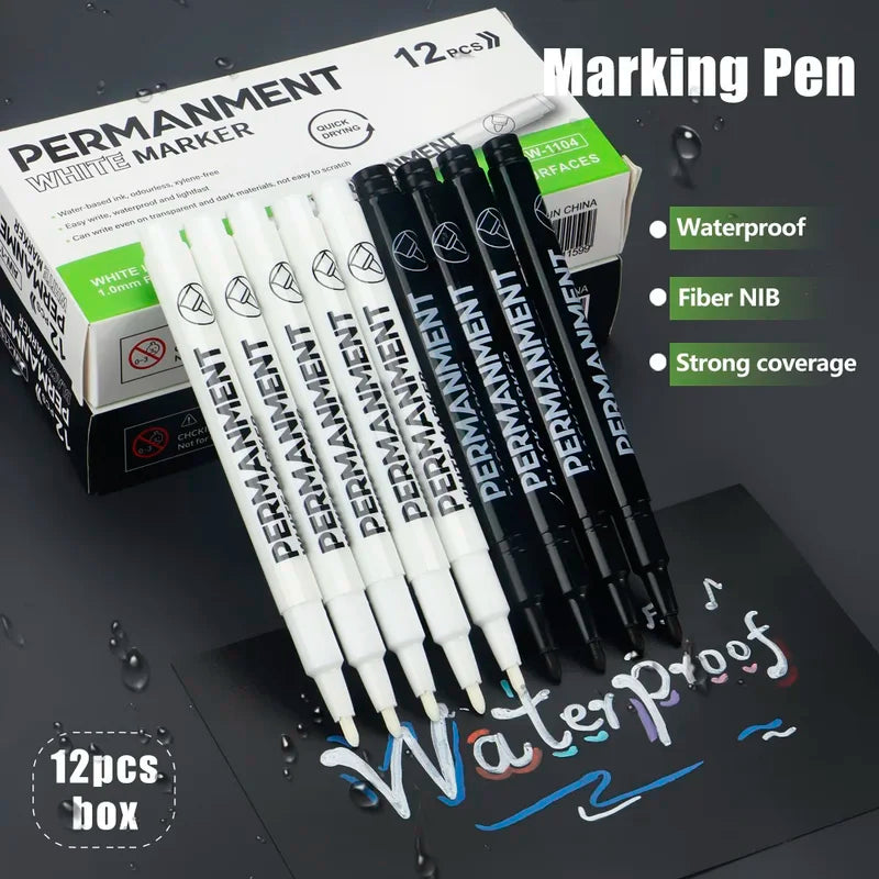 Waterproof Marker Pen Set - 3/6/12 pcs White Black Inks for Rock, Stone, Glass, Wood, Fabric, Metal
