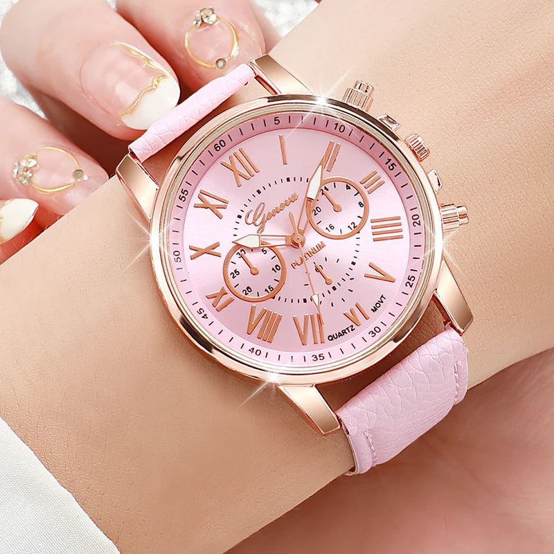 Women's Fashion Quartz Watches Set 5PCS Leather & Silicone Bands Multiple Colors