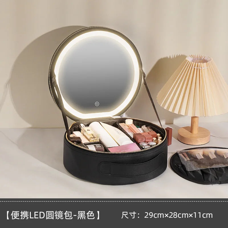Travel Makeup Bag with LED Mirror and Light - Portable Rechargeable Cosmetic Case
