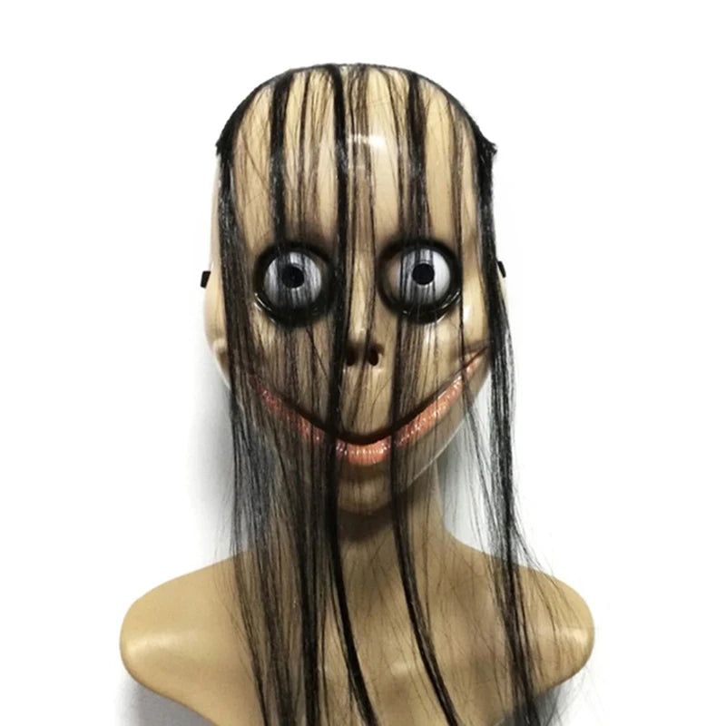 Halloween Ghost Mask with Long Hair V-Shaped Mouth Fun Mask for Costume Party