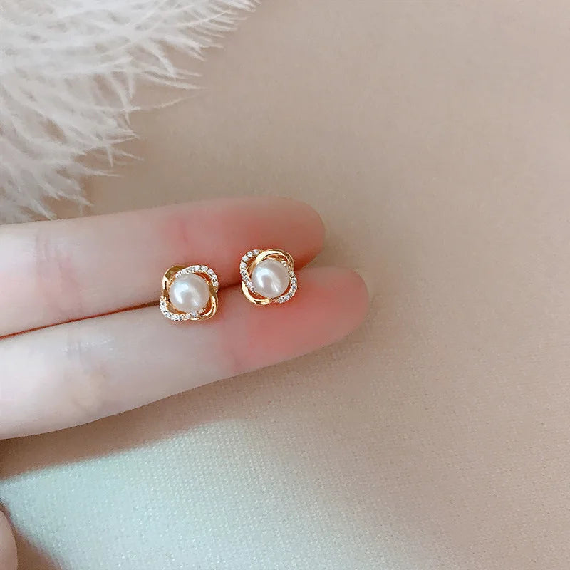Luxury 14k Gold Earrings with Zircon and Pearl Twist Studs for Women
