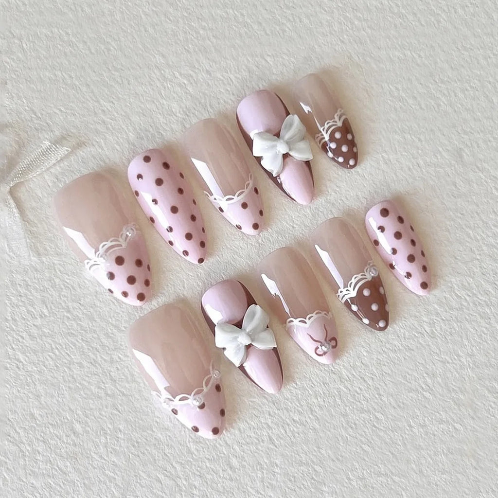 24Pcs Pink Brown Polka Dot Lace False Nails with Bow & Pearl - Manicure Tips