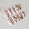 24Pcs Pink Brown Polka Dot Lace False Nails with Bow & Pearl - Manicure Tips
