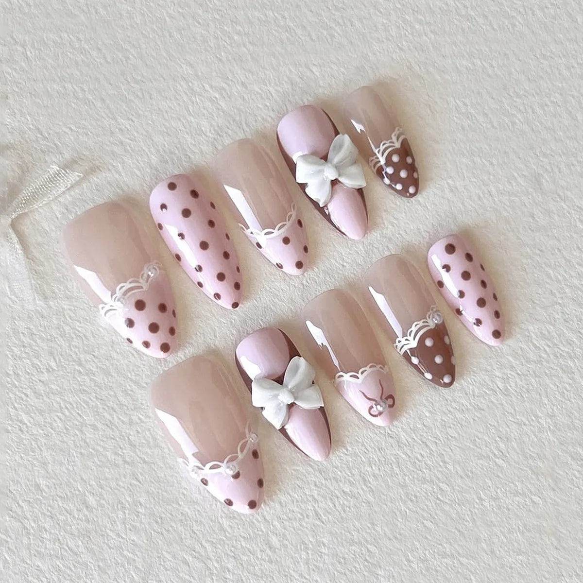 24Pcs Pink Brown Polka Dot Lace False Nails with Bow & Pearl - Manicure Tips
