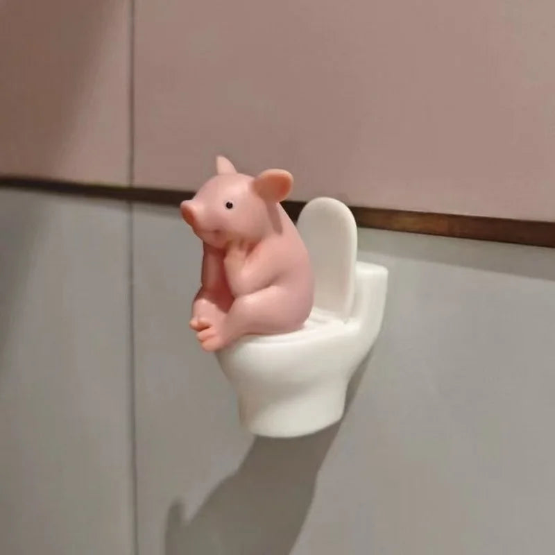 Pink Pig on Toilet Figurine - Whimsical PVC Home & Office Decor