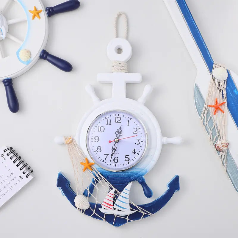 Mediterranean Style Wall Hanging Boat Anchor Clock with Mirror Surface - 9 & 10 Inch Sizes