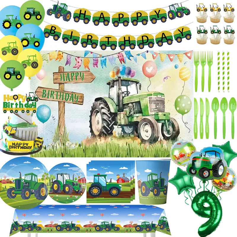 Green Farm Tractor Party Supplies Plate Cup Balloon Set for Kids Birthday Decorations
