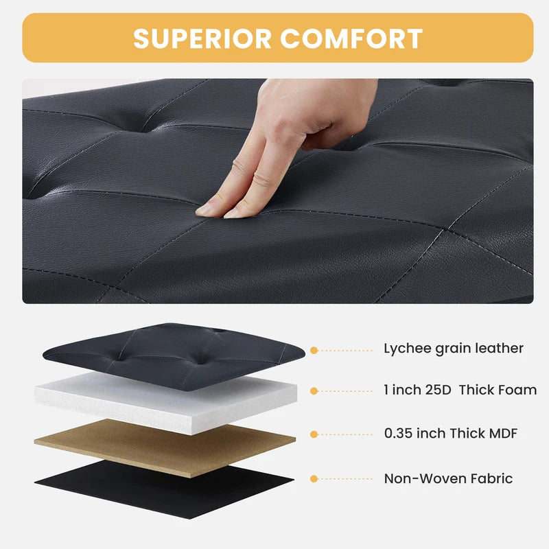 Folding Storage Ottoman Footstool - Leather Upholstered Bench Supports 660 lbs