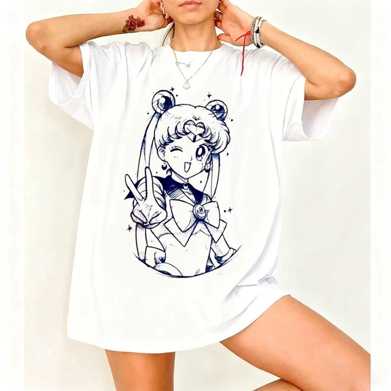Retro Sailor Moon Graphic T Shirt for Men Women Summer Casual Streetwear
