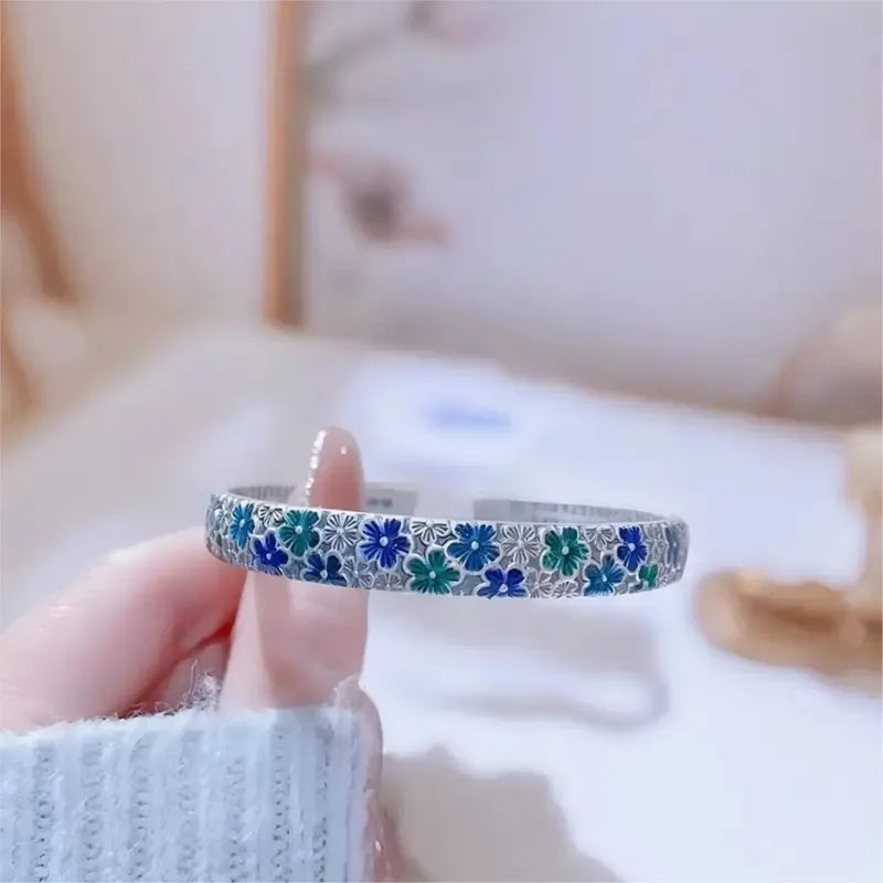 Vintage Flower Enamel Heart Sutra Cuff Bangle for Women Jewelry Gift