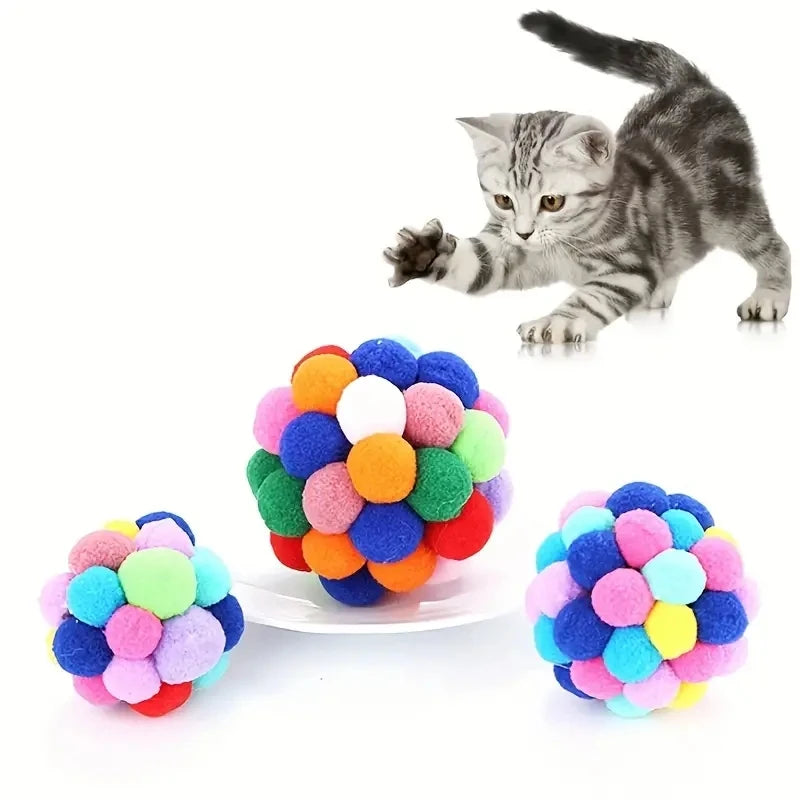 Colorful Plush Ball Cat Toy Set - Self-Playing Woolen and Bell Balls for Cats
