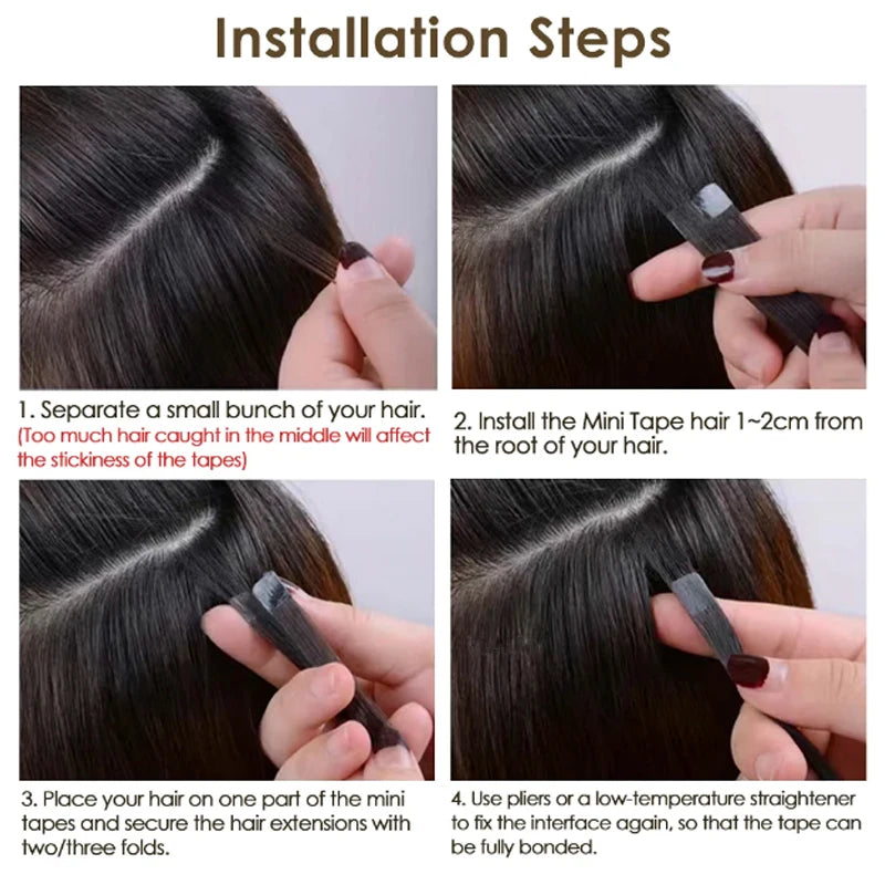 Mini Tape-in Hair Extensions 3x0.8cm Natural Human Hair, Invisible Adhesive, 10pcs Set
