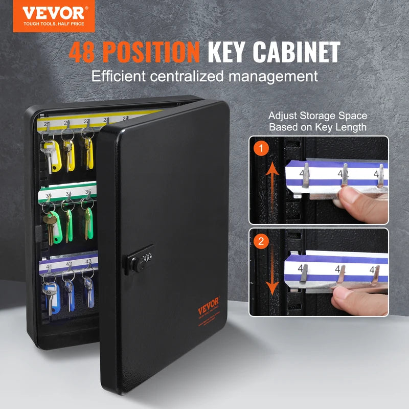 48-Key Steel Lockable Key Cabinet with Adjustable Racks & Mechanical Lock