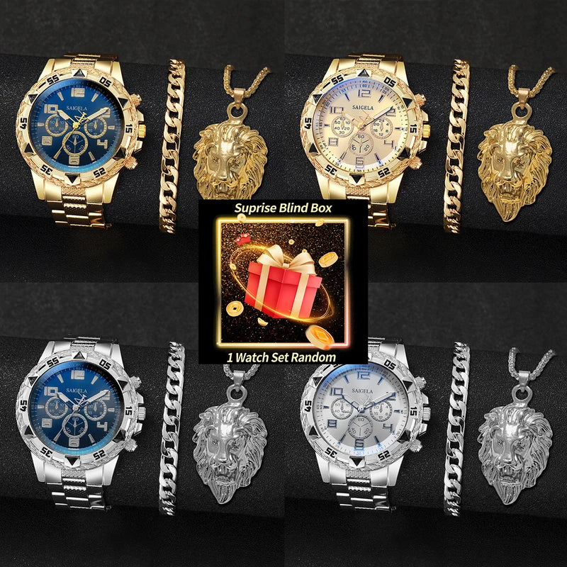 Men's Fashion Quartz Watch Set with Bracelet and Necklace - Mystery Blind Box, 3 Pieces