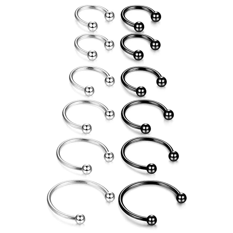 12Pcs Stainless Steel Nose & Septum Rings Body Piercing Jewelry 6MM-16MM Black Silver