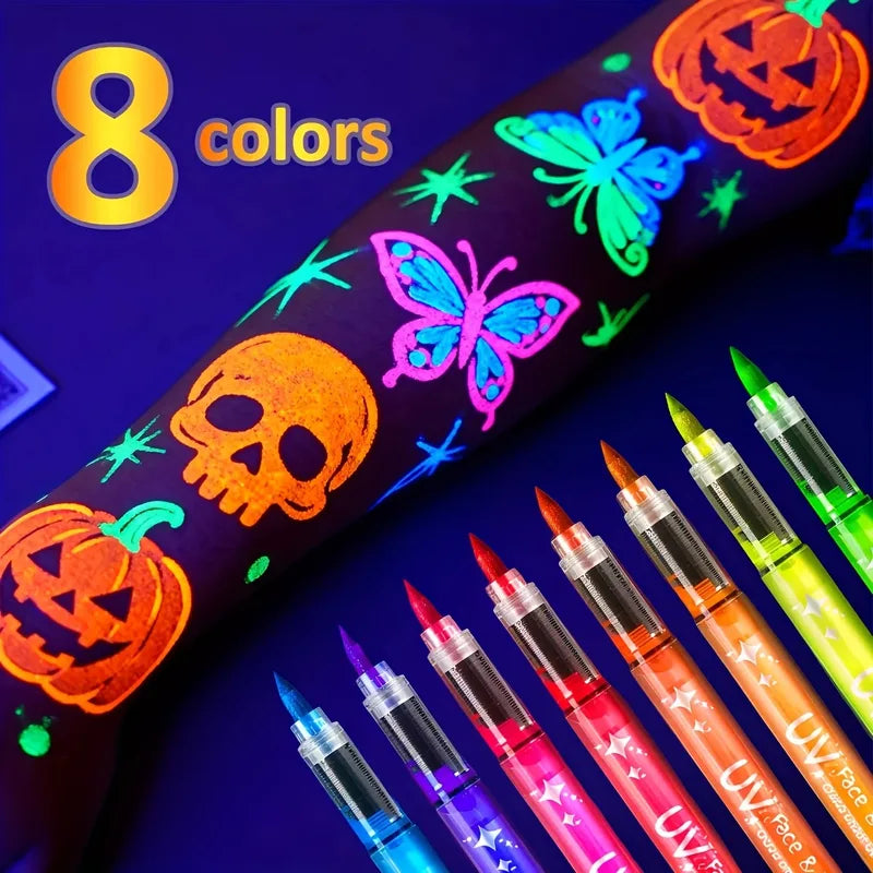 UV Neon Face & Body Paint Markers Set - Glow in The Dark Fluorescent Art Pens for Halloween Festivals and Parties
