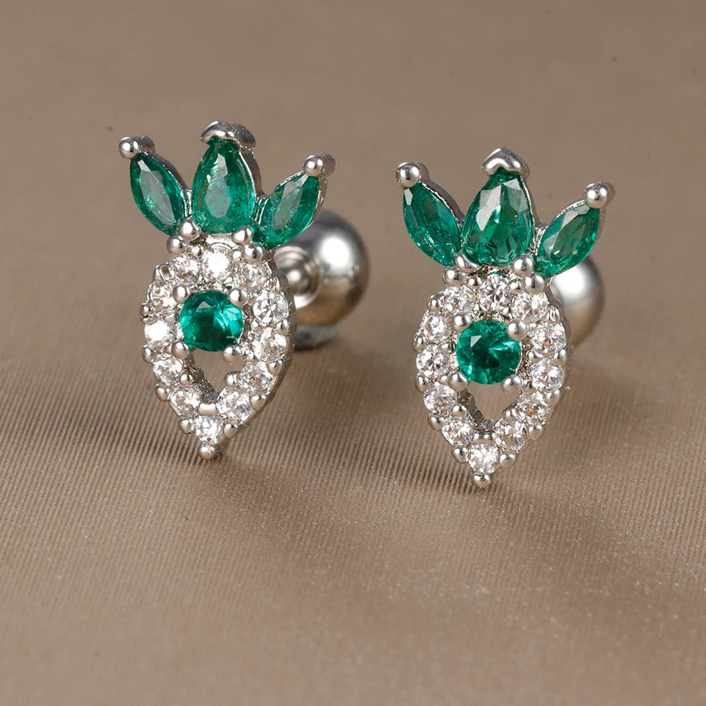 2-Piece Stainless Steel Tiny Stud Earrings for Women with Green Crystal Zirconia - Cartilage Helix Tragus Piercing Jewelry