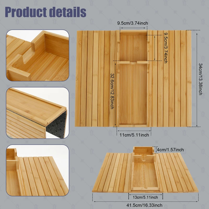 Foldable Bamboo Couch Cup Holder Tray for Sofa Armrest - Non-Slip Sofa Side Storage