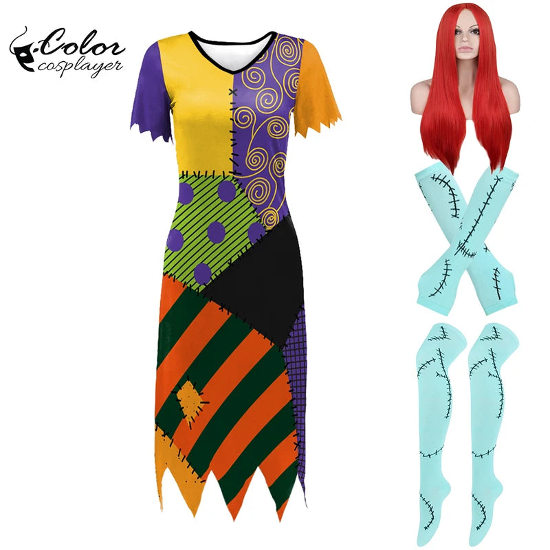 Halloween Sally Costume Dress Set for Women with Wig and Socks - Cosplay & Party Outfit
