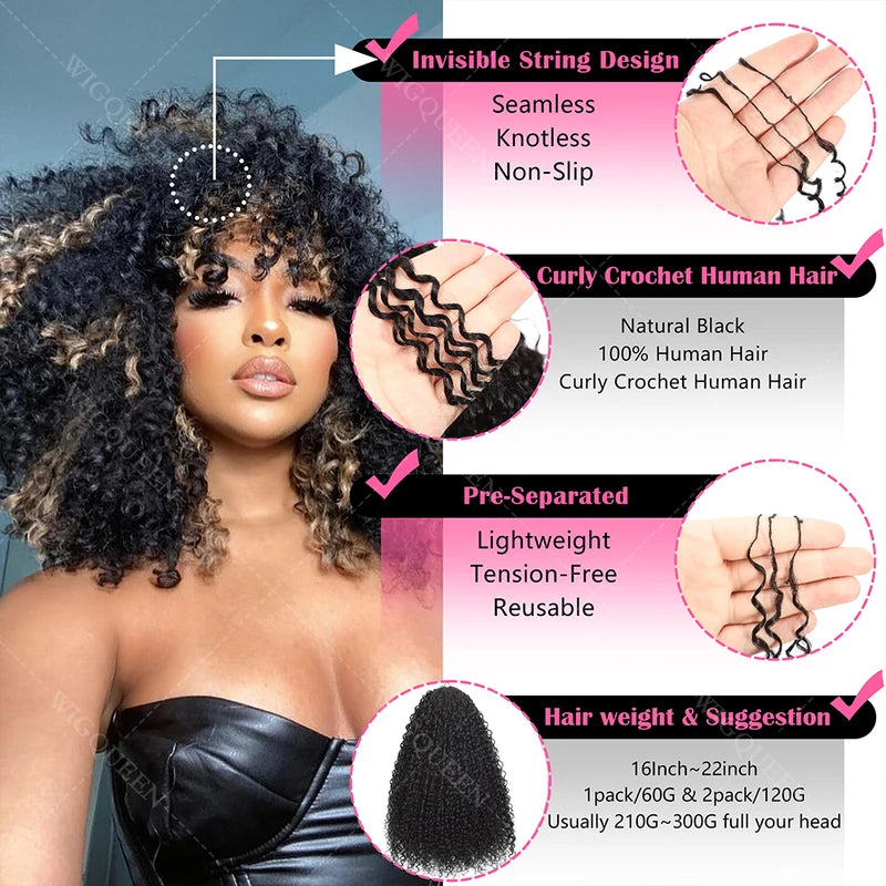 Feather Crochet Human Hair Extensions - Highlight Pixie Curl Bulk Hair with Small Spirals