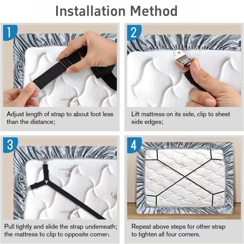 Elastic Bed Sheet Fastener Straps - Adjustable Non-Slip Crisscross Clips