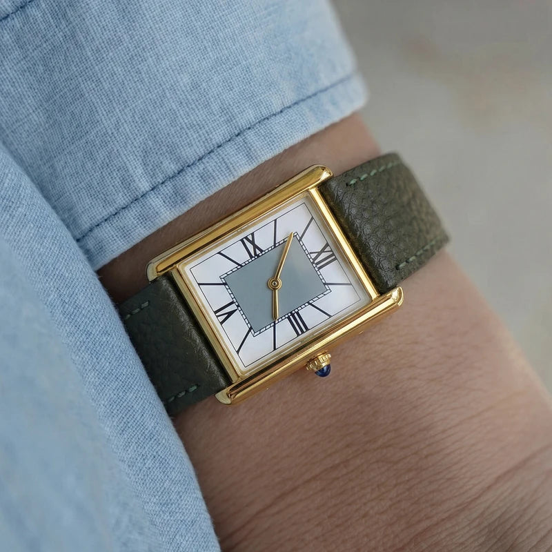 Luxury Minimalist Square Watch - Gold Case, Grey Dial, Green Strap