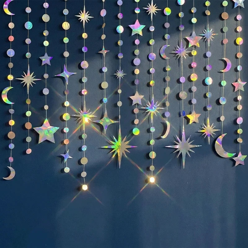 Colorful Iridescent Star Moon Circle Dot Hanging Garland Party Decor Ramadan Eid Wedding Baby Shower Birthday