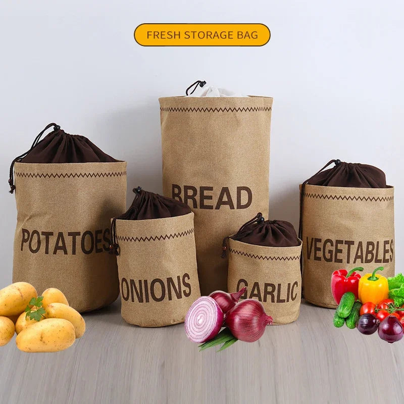 Kitchen Storage Bag Set for Garlic, Onions, Potatoes, Vegetables & Bread - Reusable Burlap Drawstring Sack
