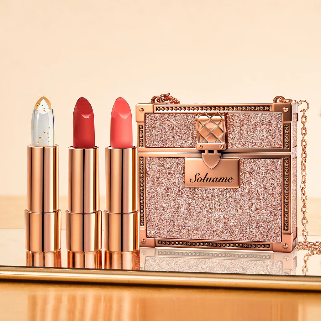 Matte Lipstick Set with Glitter Rose Gold Case - 3 Shades, Mirror & Chain, Gift Box