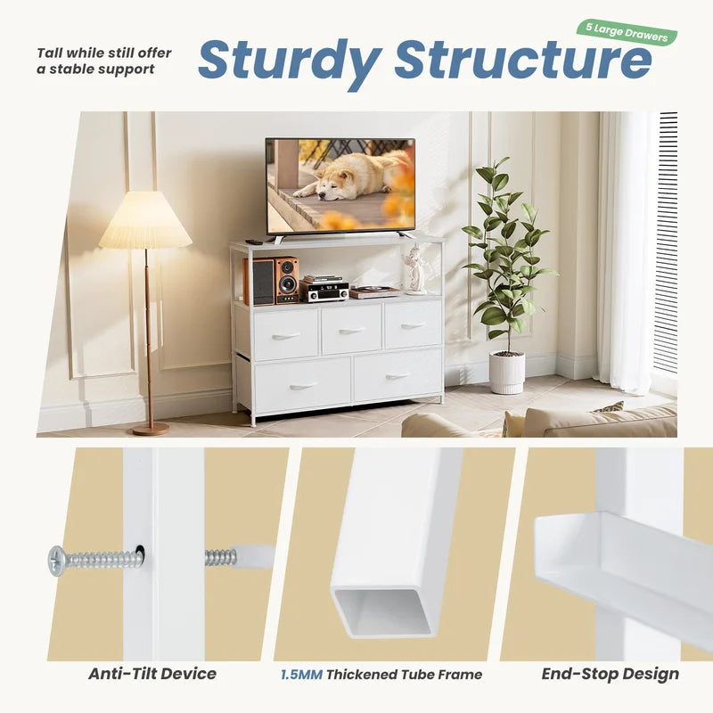 MCQ TV Stand Dresser with Fabric Storage Drawers - Compact Media Console for Bedroom Living Room or Dorm