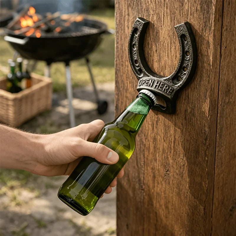 Rustic Cast Iron Horseshoe Bottle Opener Wall Mount Vintage Beer Cap Opener