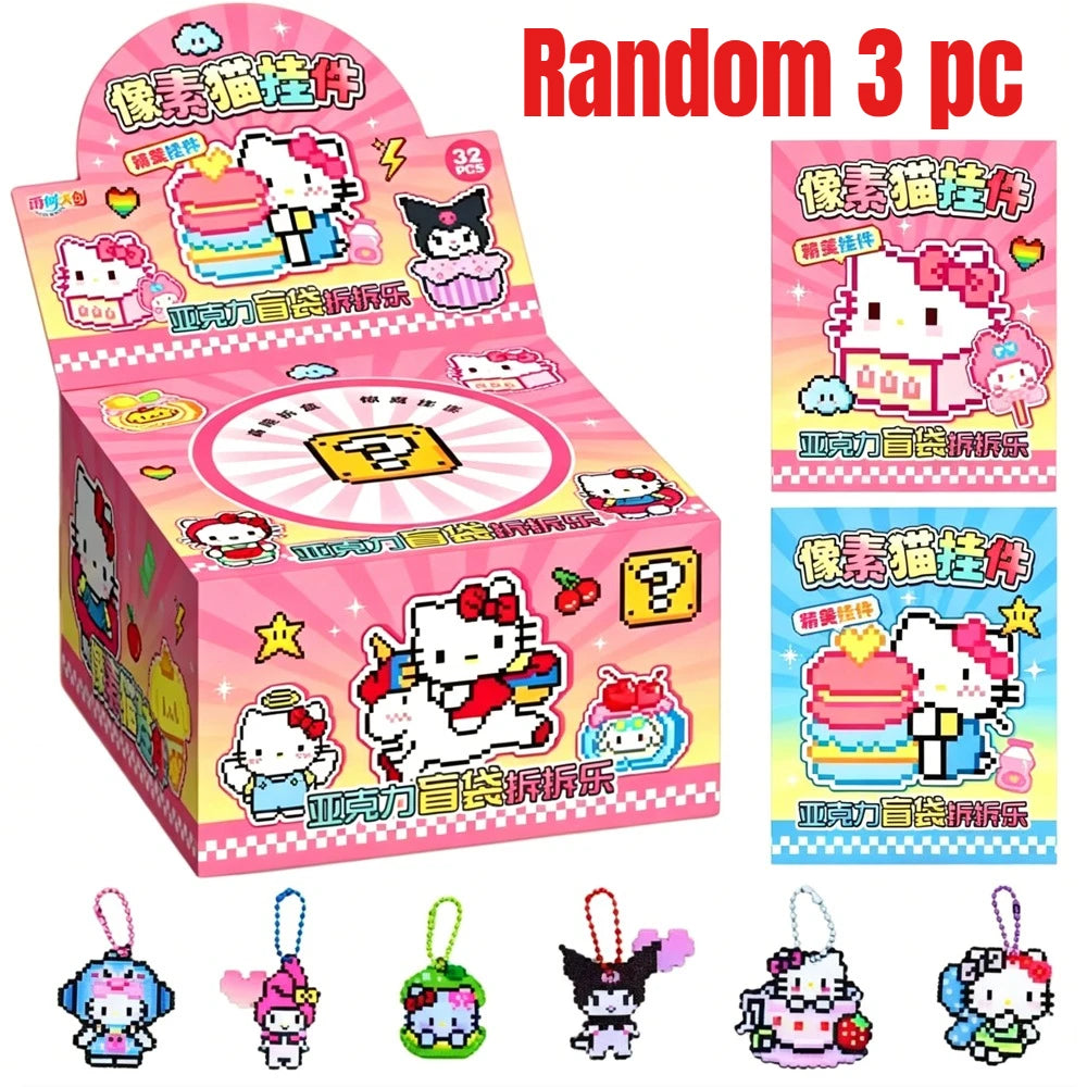 Kawaii Pixel Cat Keychain Set - 32pcs Acrylic Pendant Mystery Bag for Backpack Decor & Party Favors