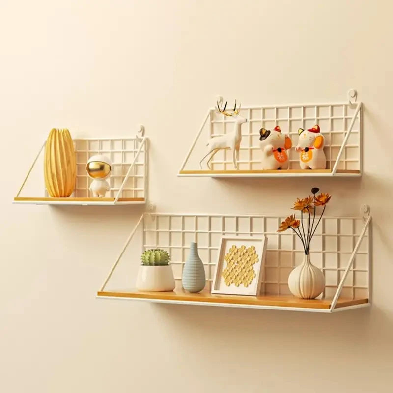 Wall Mounted Wooden Shelves Without Drilling for Living Room & Bedroom Storage